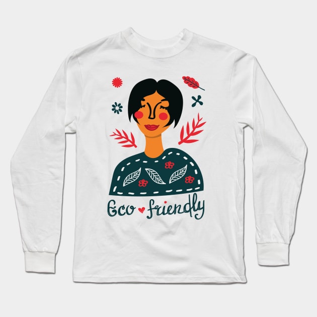 Eco friendly girl with botanical drawings Long Sleeve T-Shirt by Agras